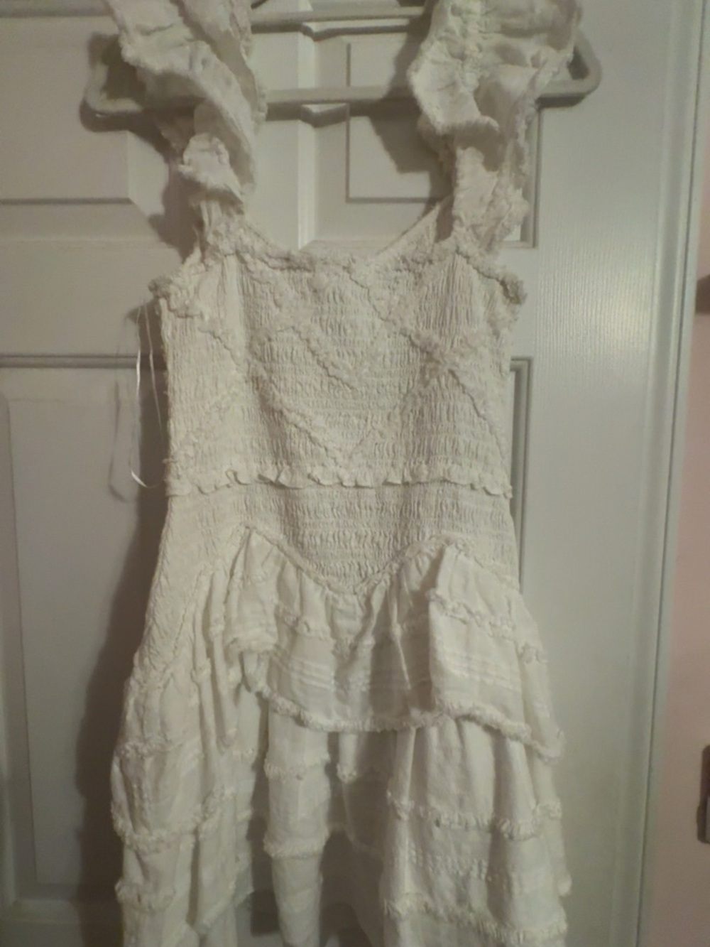 LoveShackFancy Cream Ruffled Smocked Mini Dress